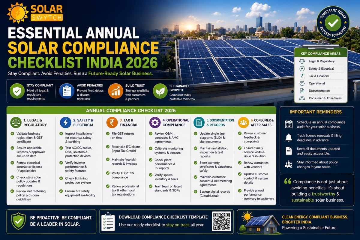 Essential Annual Solar Compliance Checklist India 2026 — illustrated guide cover