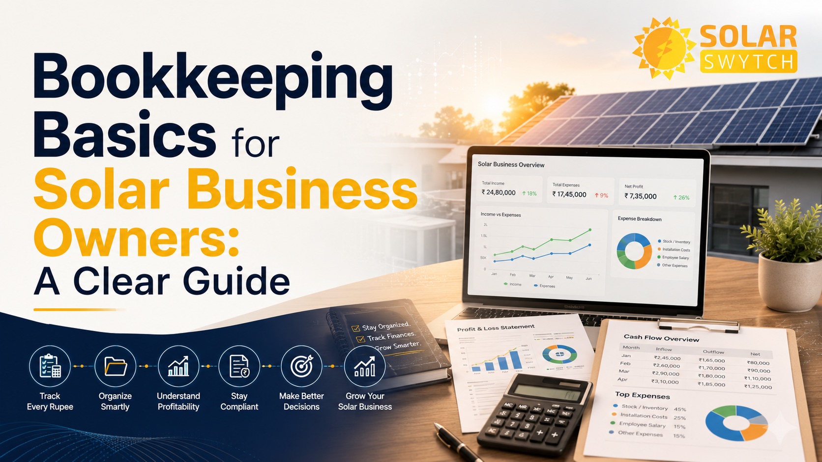 Bookkeeping Basics for Solar Business Owners: A Clear Guide — illustrated guide cover