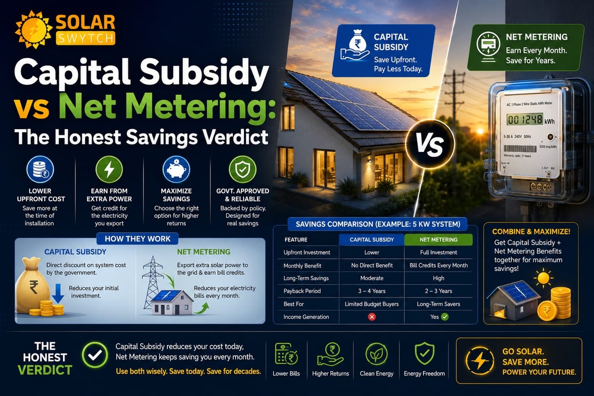Capital Subsidy vs Net Metering: The Honest Savings Verdict — illustrated guide cover