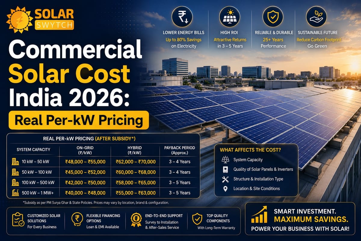 Commercial Solar Cost India 2026: Real Per-kW Pricing — illustrated guide cover