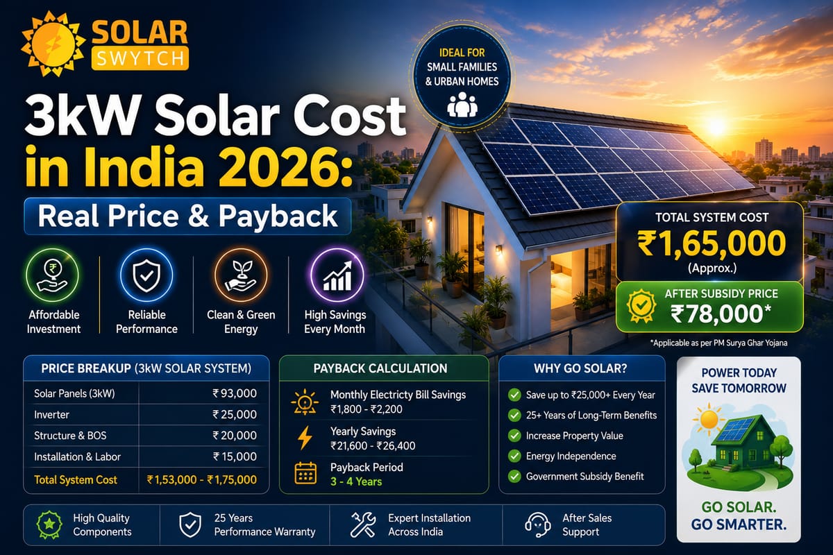 3kW Solar Cost in India 2026: Real Price & Payback — illustrated guide cover