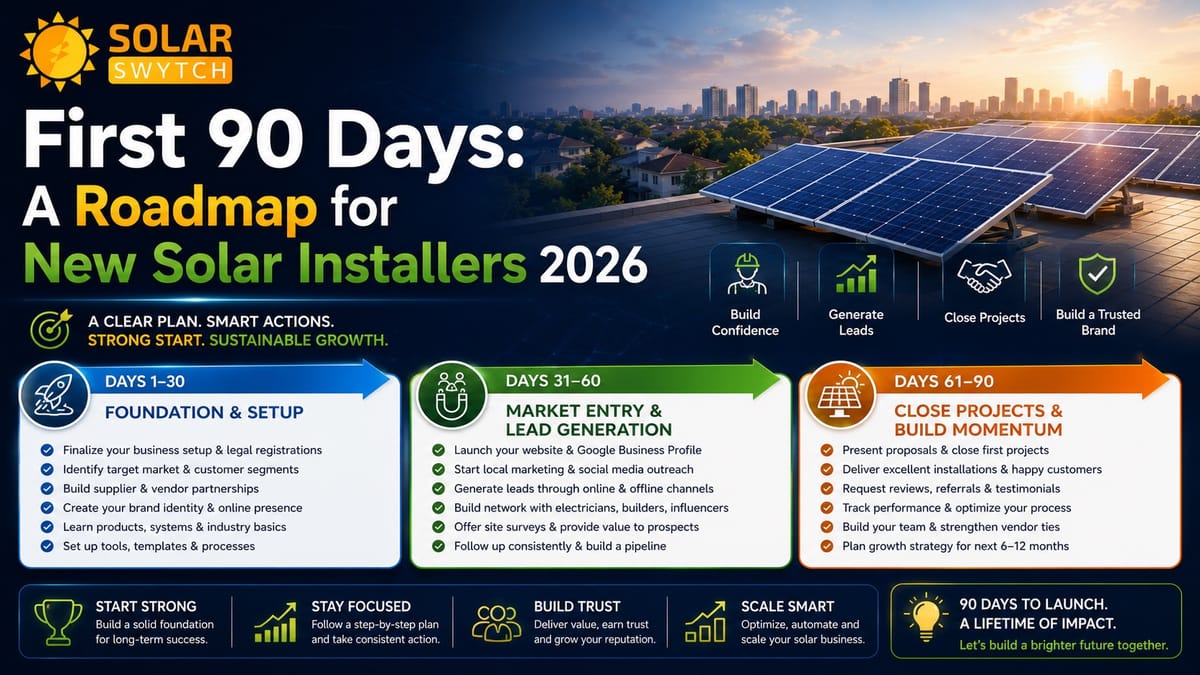 First 90 Days: A Roadmap for New Solar Installers 2026 — illustrated guide cover