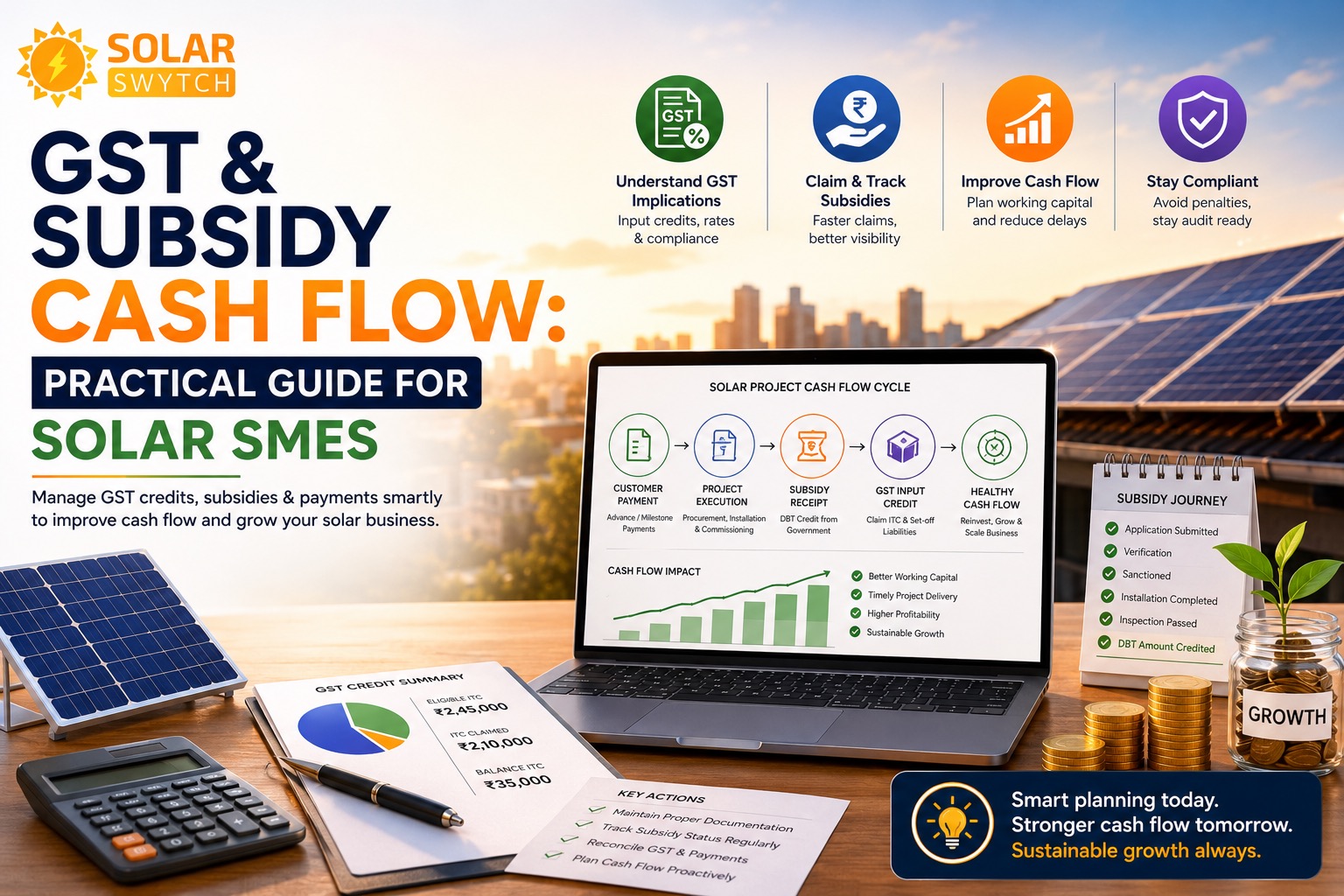 GST & Subsidy Cash Flow: Practical Guide for Solar SMEs — illustrated guide cover