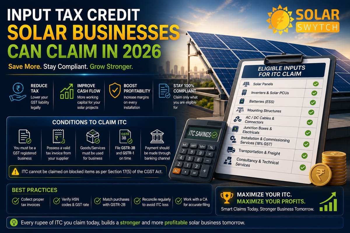 Input Tax Credit Solar Businesses Can Claim in 2026 — illustrated guide cover