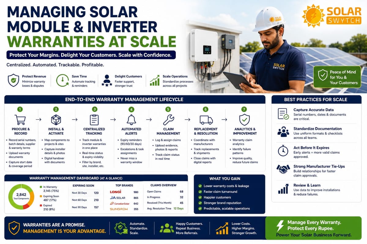 Managing Solar Module & Inverter Warranties at Scale — illustrated guide cover