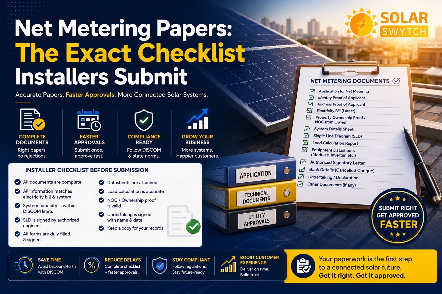 Net Metering Papers: The Exact Checklist Installers Submit — illustrated guide cover