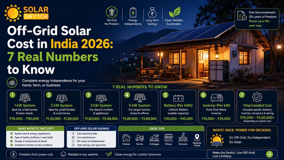 Off-Grid Solar Cost in India 2026: 7 Real Numbers to Know — illustrated guide cover