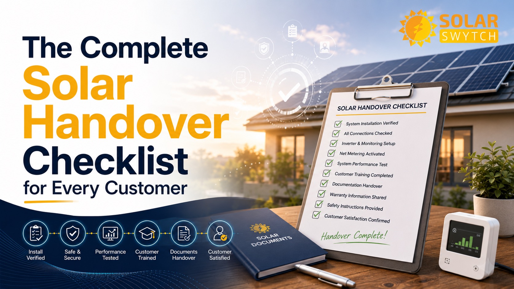 The Complete Solar Handover Checklist for Every Customer — illustrated guide cover