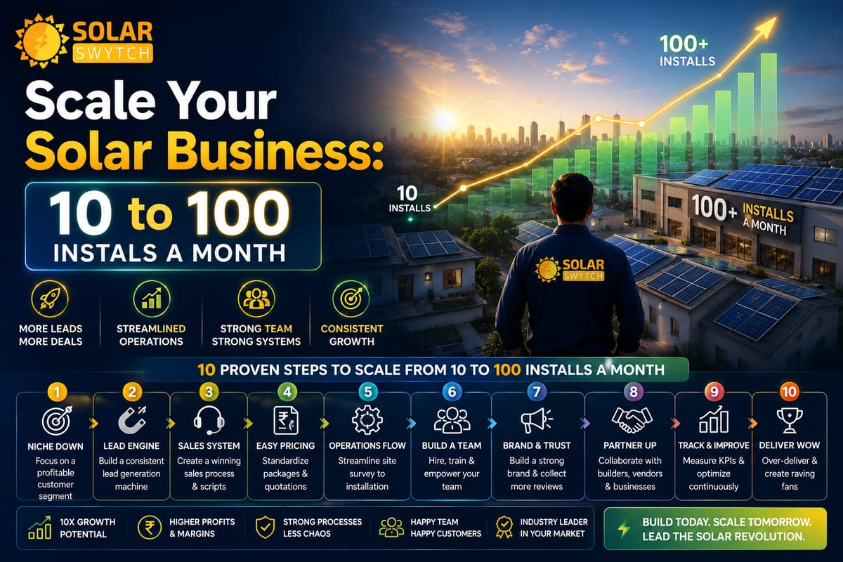 Scale Your Solar Business: 10 to 100 Installs a Month — illustrated guide cover