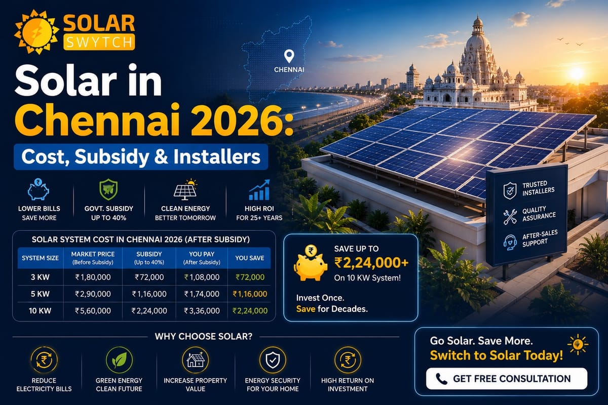 Solar in Chennai 2026: Cost, Subsidy & Installers — illustrated guide cover