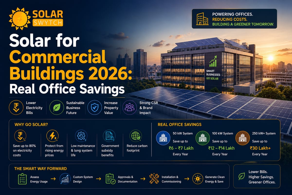 Solar for Commercial Buildings 2026: Real Office Savings — illustrated guide cover