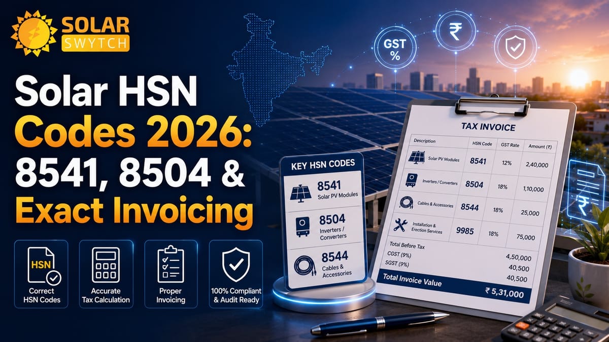 Solar HSN Codes 2026: 8541, 8504 & Exact Invoicing — illustrated guide cover
