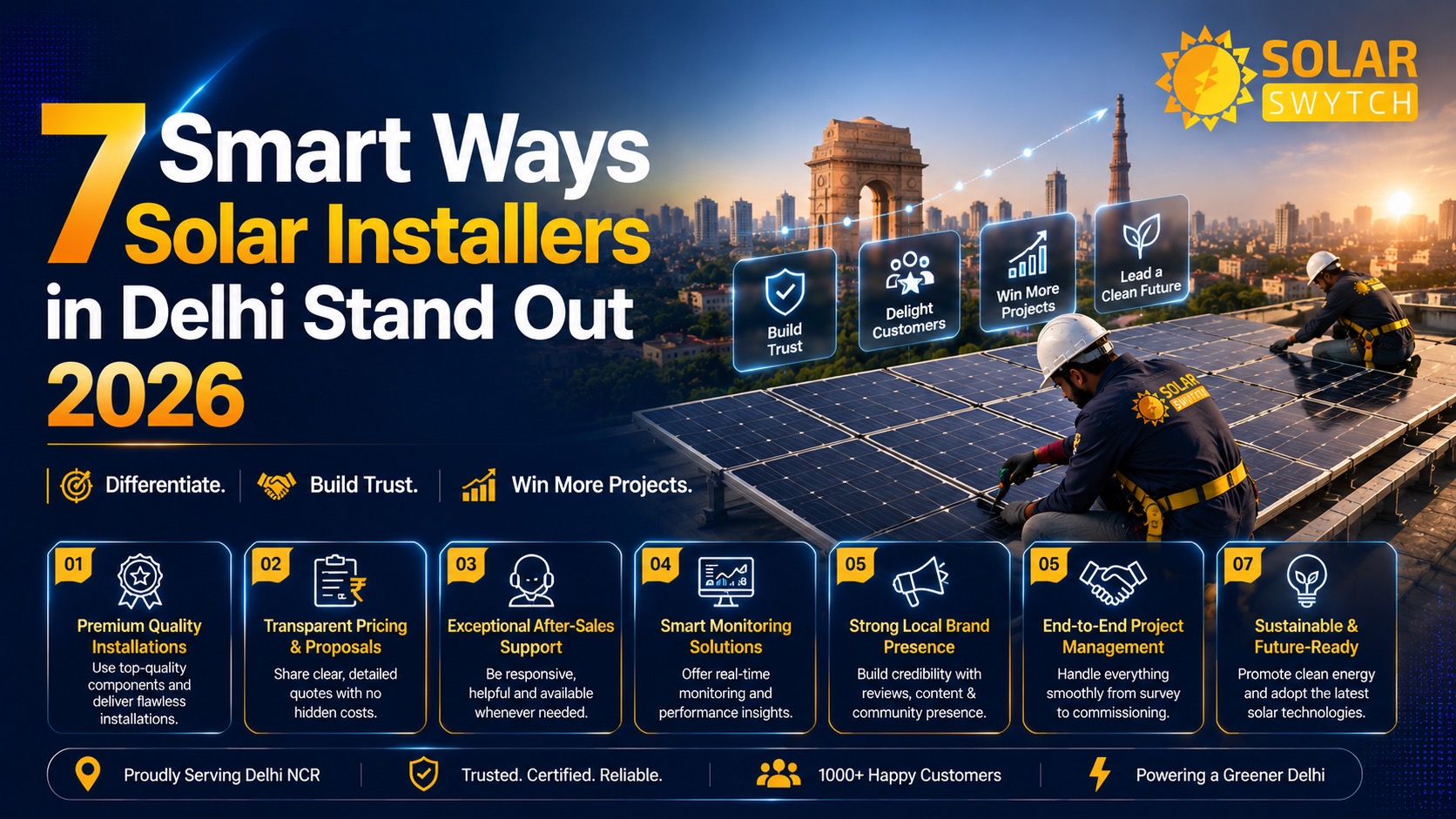 7 Smart Ways Solar Installers in Delhi Stand Out 2026 — illustrated guide cover