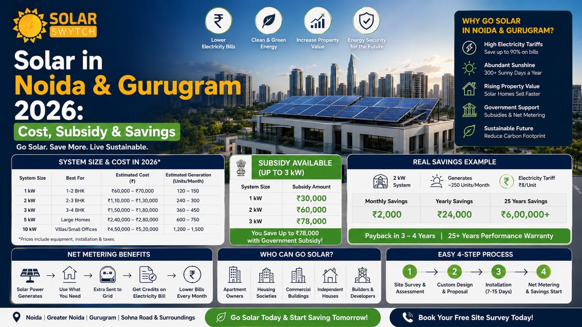 Solar in Noida & Gurugram 2026: Cost, Subsidy & Savings — illustrated guide cover