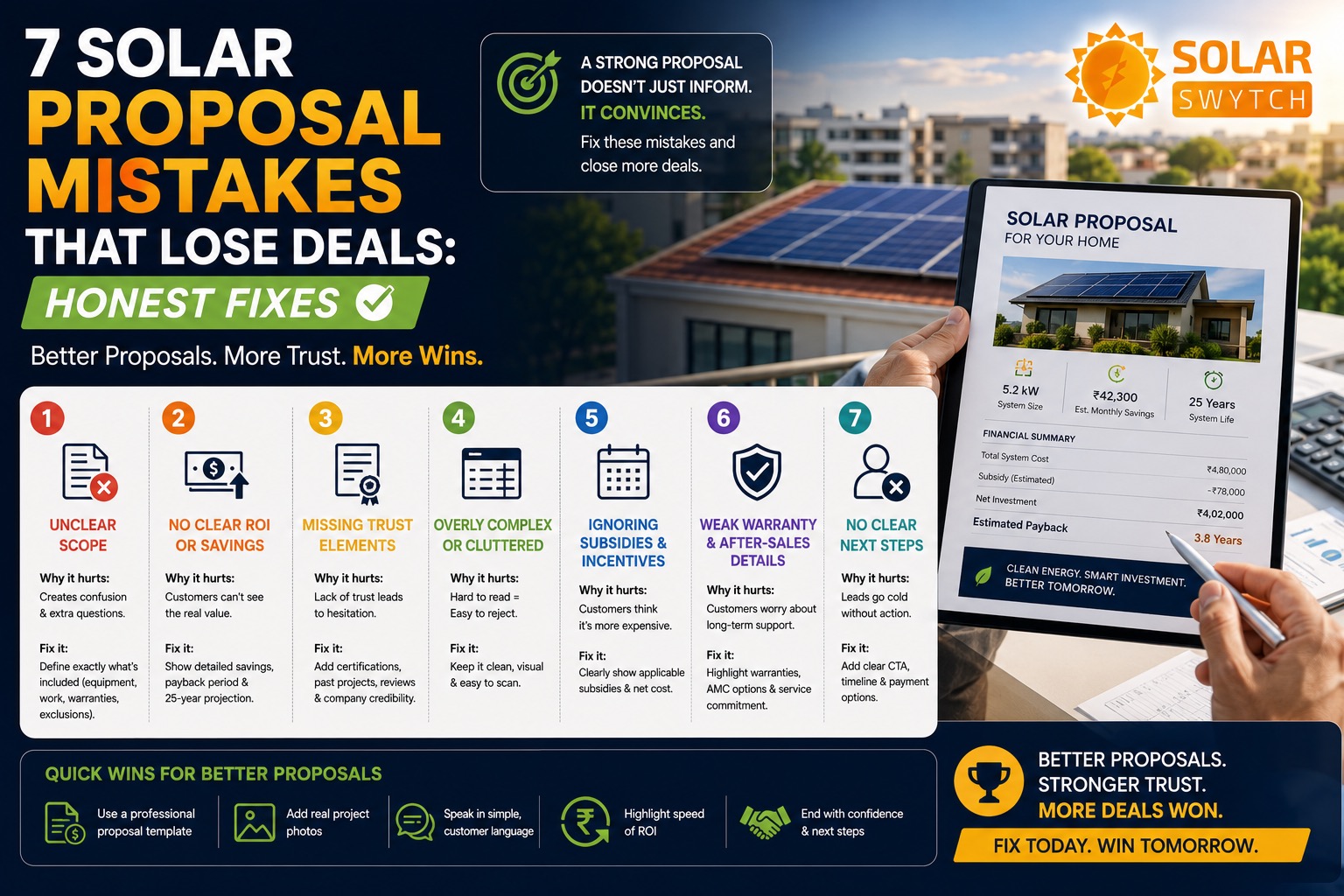 7 Solar Proposal Mistakes That Lose Deals: Honest Fixes — illustrated guide cover